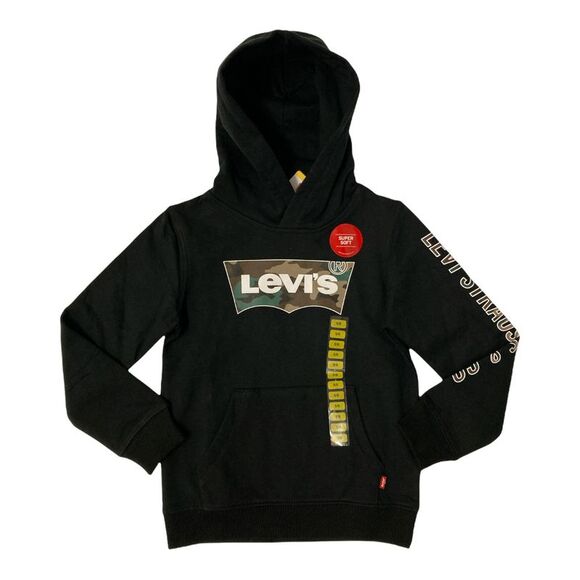 Levi Boy's Graphic Logo Soft Pullover Fleece Hoodie With Front Pocket - Black - Picture 1 of 1